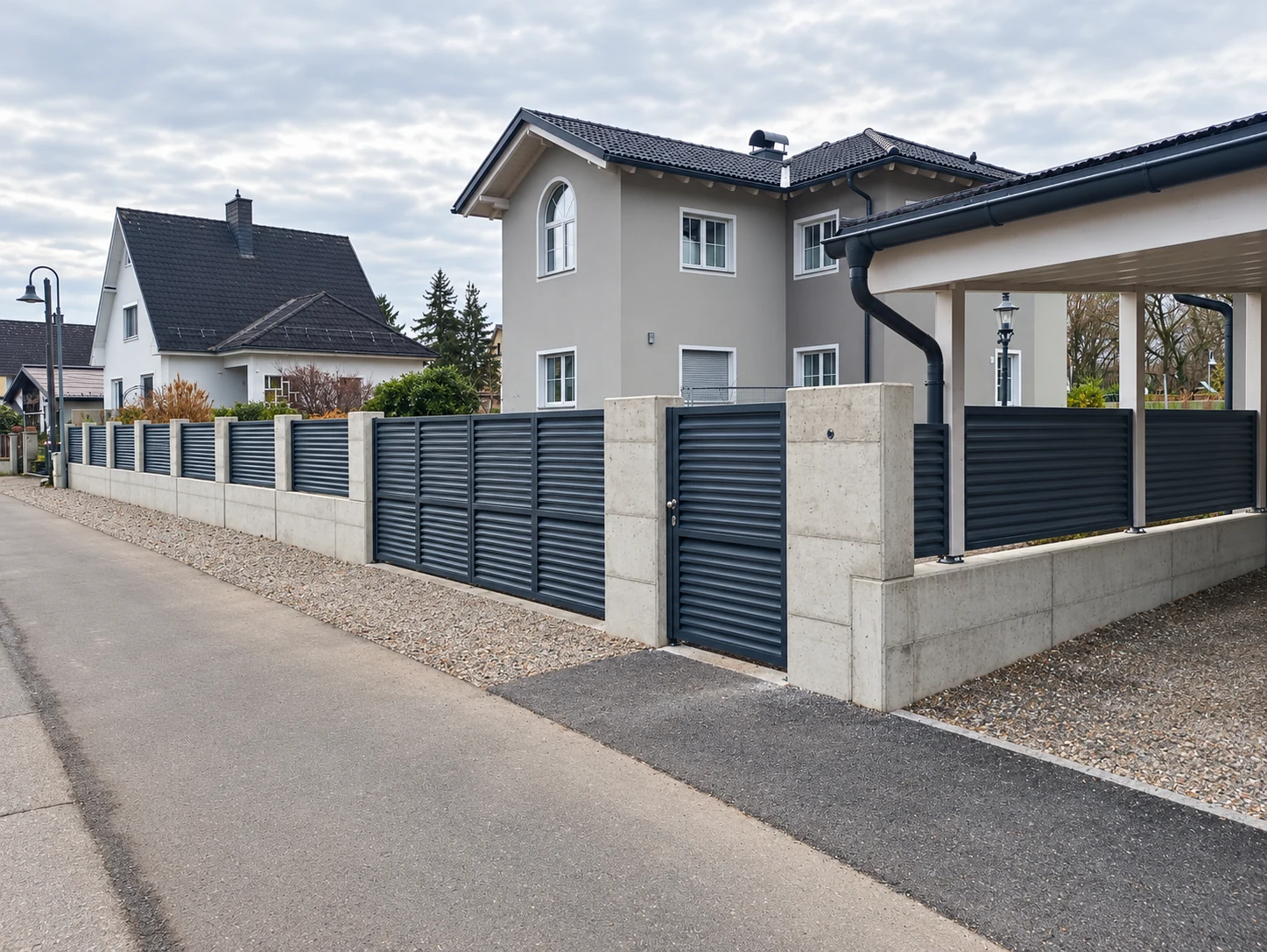 Gesamtansicht des Aluminiumzauns mit Einfahrts- und Gehtoren in St. Pölten–Harland